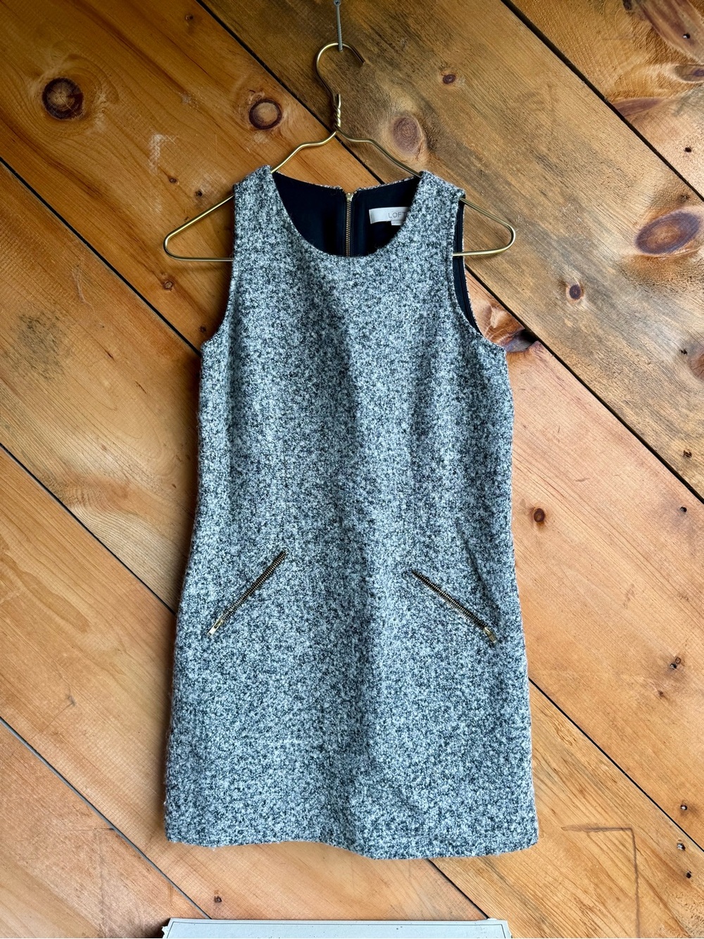 Loft Gray Tweed Boucle Shift Dress with Zip Pockets